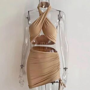 Tan Halter Wrap Two Piece Set